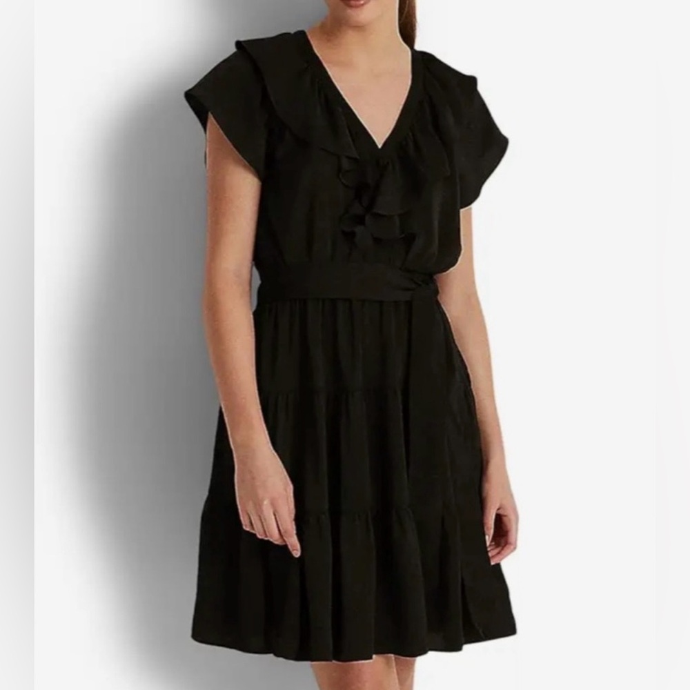 Lauren Ralph Lauren Belted Satin Dress Black Size 16 Polo A-Line Knee Length